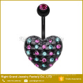 Black Plated Multi CZ Gems Paved Heart Shape Surgical Steel Belly Button Ring